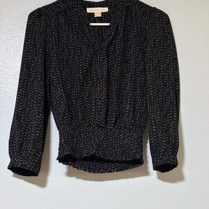Madewell Black Blouse with White Dot Print and Smocked Hem